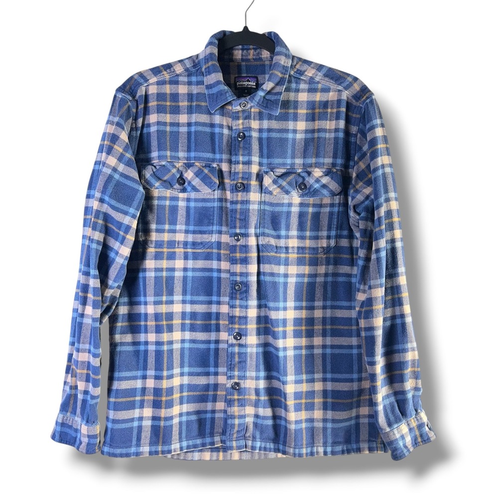 Patagonia Mens Sz Medium Fjord Flannel Shirt Blue Plaid Organic Cotton Gorpcore